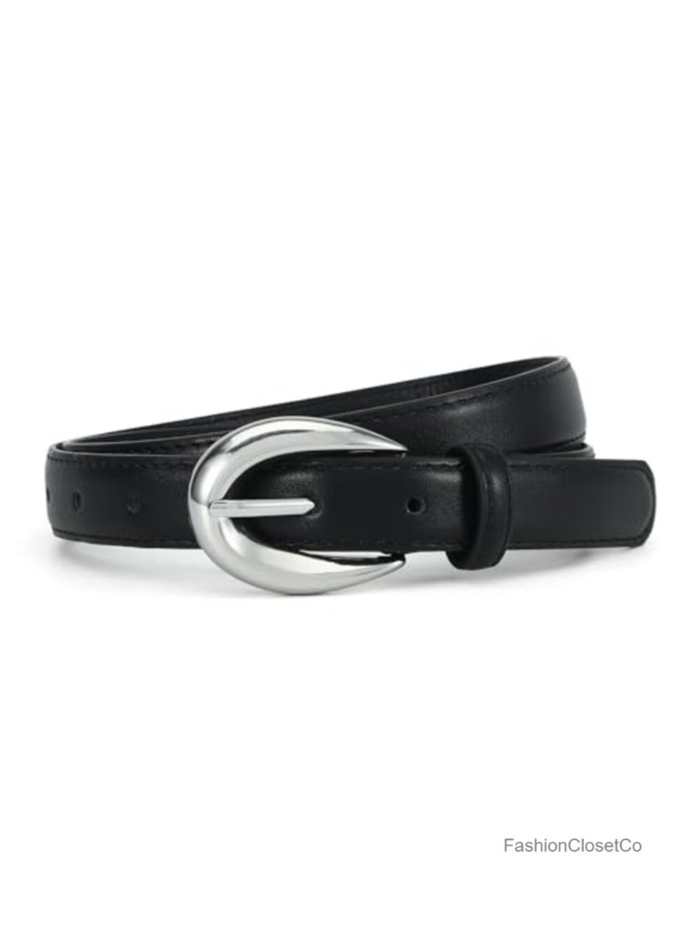 Faux Leather Skinny Belt Stitching Edge Single Prong Oval Buckle